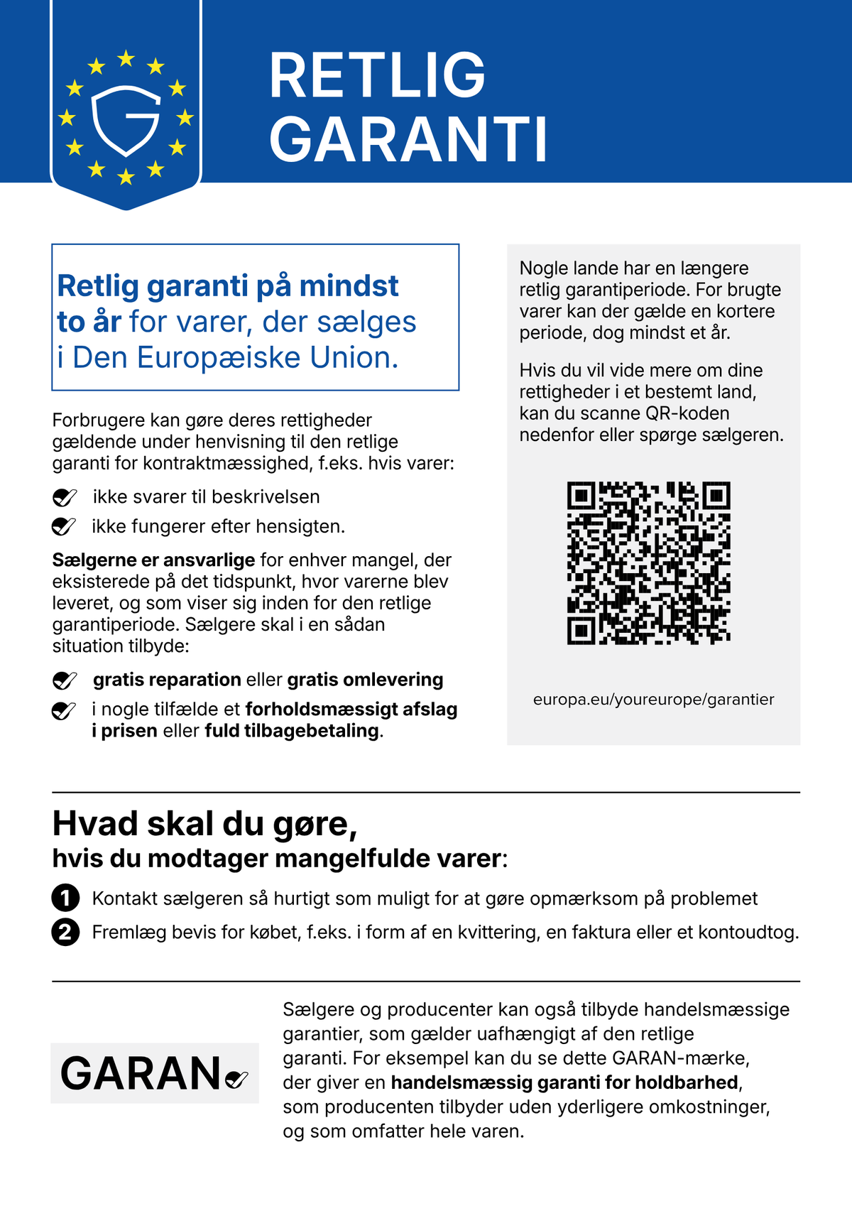 EU's meddelelse om den retlige garanti: mindst to års retlig garanti for varer solgt i Den Europæiske Union